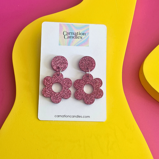 handmade pink glitter flower earrings